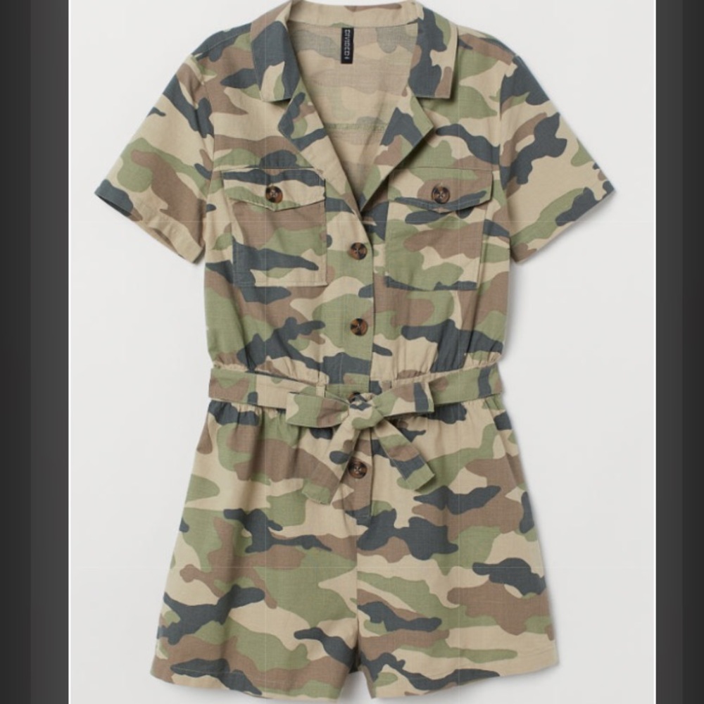 H&M Khaki Green Button Front Cotton Camo Jumpsuit